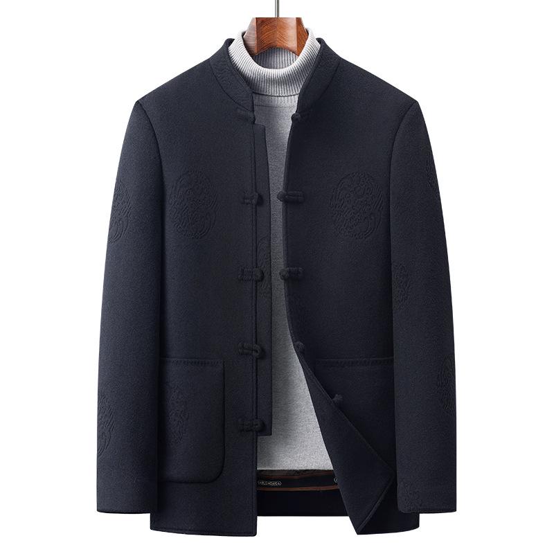 Men's Retro Double-Sided Nylon Down Tang Suit Coat with Stand Collar and Frog Buttons