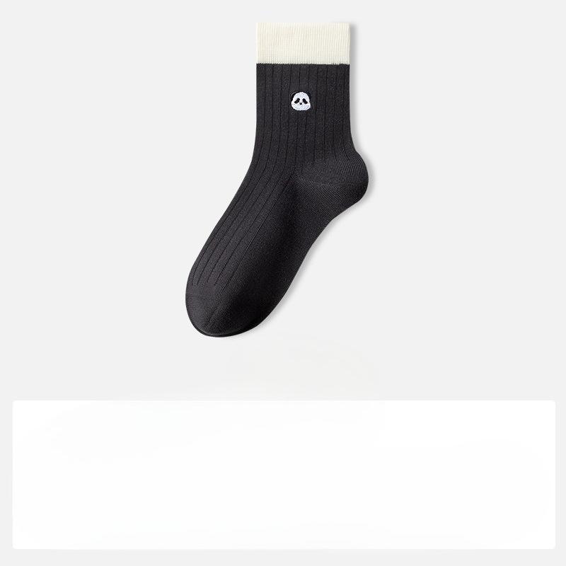 Sock Pure Cotton Mid-Calf Socks Anti-Bacterial Anti-Turning Balls Cute Embroidered Panda Autumn-Winter