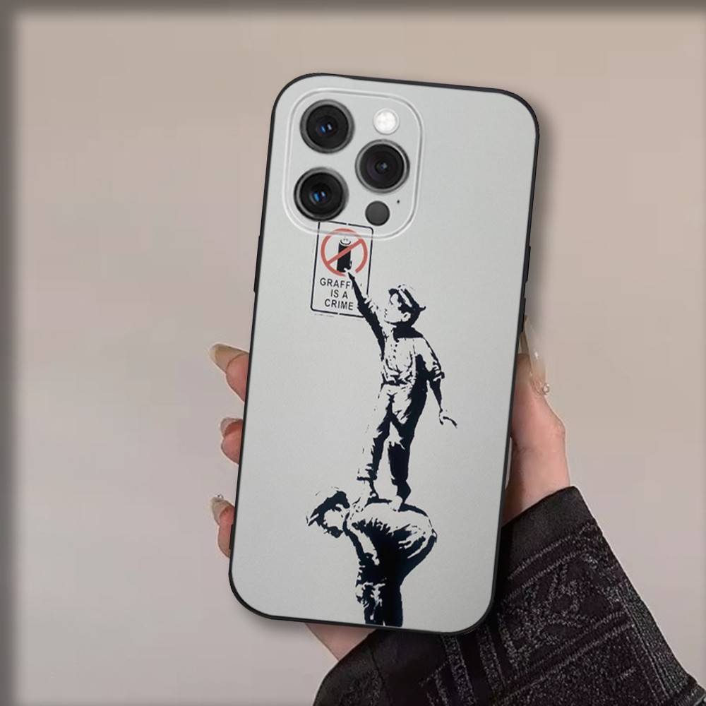 Art Banksy Graffiti Phone Case For iPhone 17,16,15,14,13,12,11,Pro,Max,Plus,Air,X,XS,XR,SE,8,7,Mini,Soft Black Funda