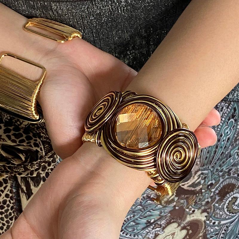 Woven Geometric Glass Open Bracelet Fashionable Exaggerated And Individual Wristband Trendy Jewelry Accessory For Women