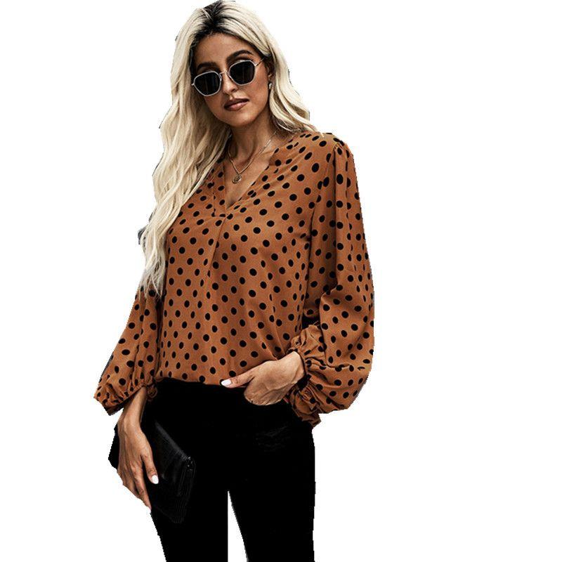 Plus Size V Neck Dotted Prints Loose Long Sleeve Shirt