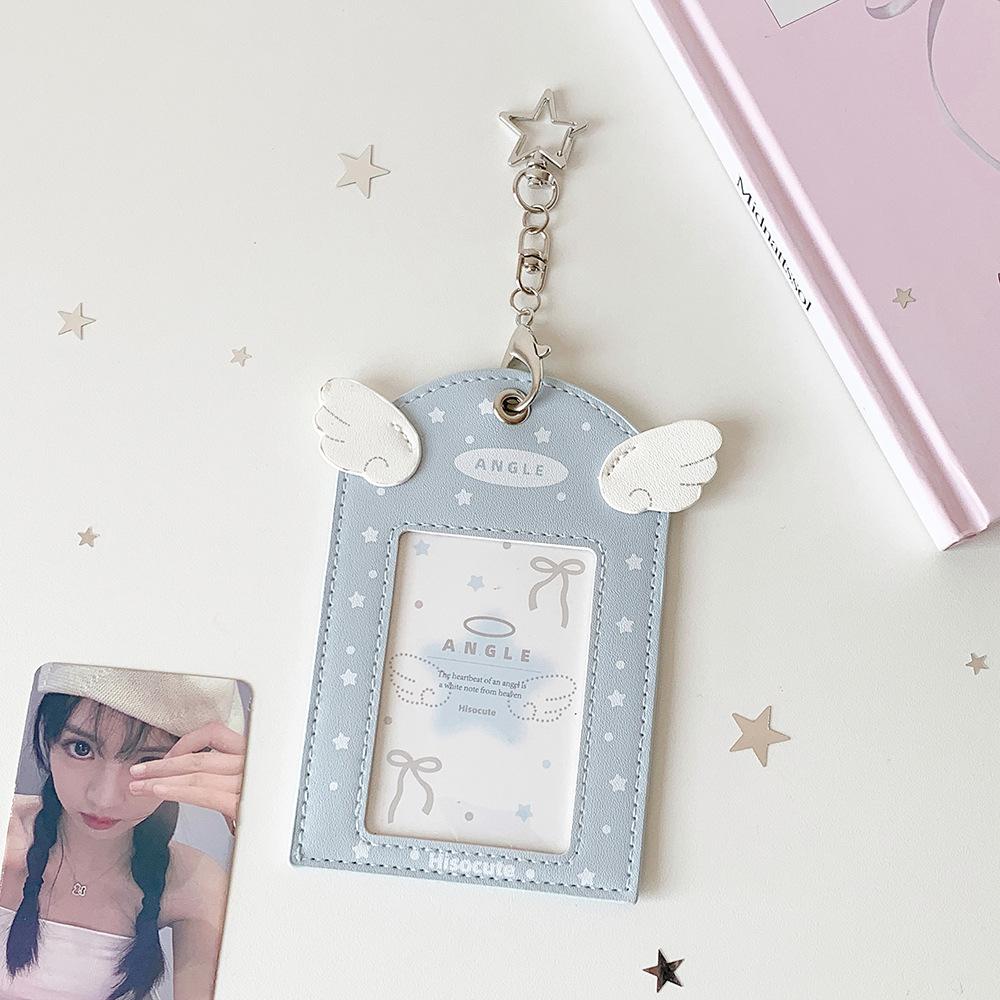 INS Sweet Aesthetic Kpop Photocard Holder for Girls Wings Keychain Schoolbag Charm Kawaii Displaying Photo Card Cover Case