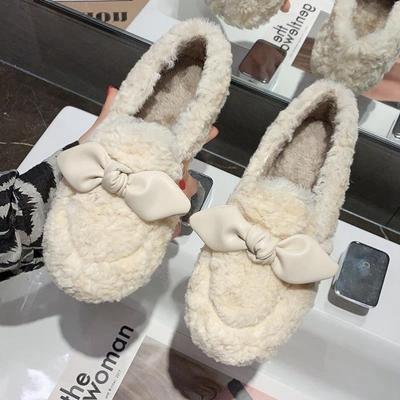 Mao Mao Doudou Shoes Women's New Autumn and Winter Outer Wear Velvet Flat-bottomed Versatile Bow Cotton Shoes Outer Wear Lazy Shoes