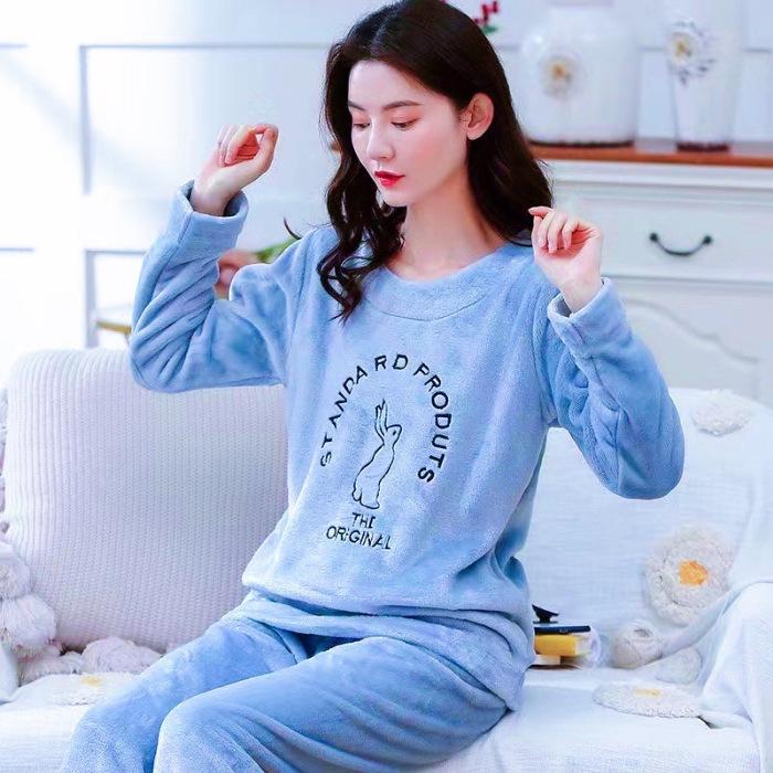 Flannel Autumn and Winter Pajamas Women's Round Neck Loose Plus Velvet Girl Sweet Home Casual Warm Home Service Suit