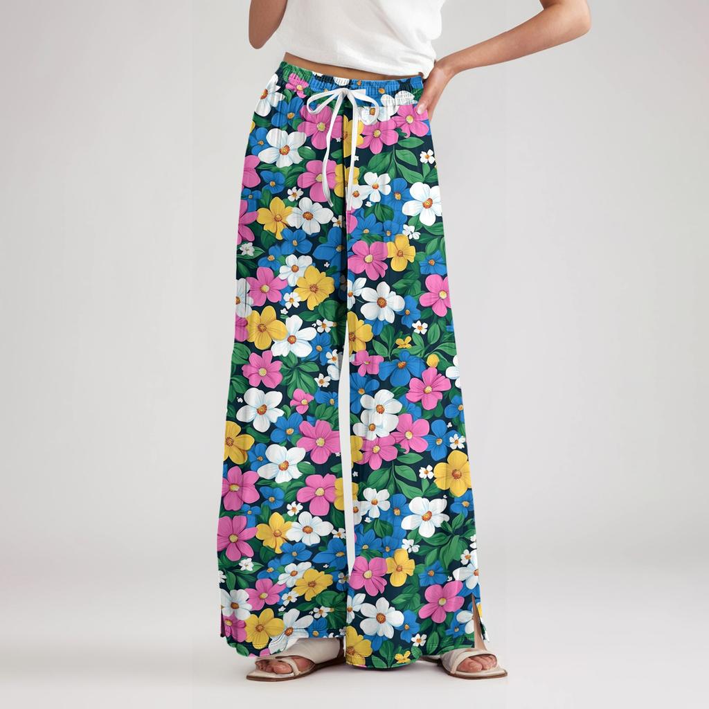 Wide Leg High Waist Floral Print Pants for Women with Drawstring Waistband and Relaxed Fit Lightweight Material for Casual Wear