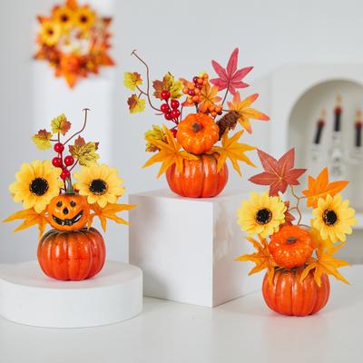 Artificial Pumpkin Tabletop Bonsai Ornament, Sunflower Maple Leaf Berry Decor for Thanksgiving Harvest Halloween Autumn Party