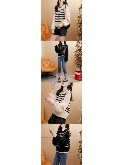 Women's Spliced Striped Knit Sweater with Chiffon Sleeves - Stylish, Loose Fit for Spring and Autumn