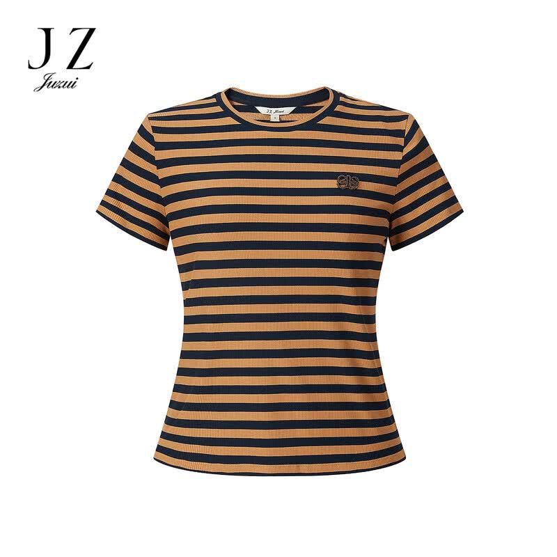 JUZUI Women s Striped Beaded Round Neck T-Shirt 2XL