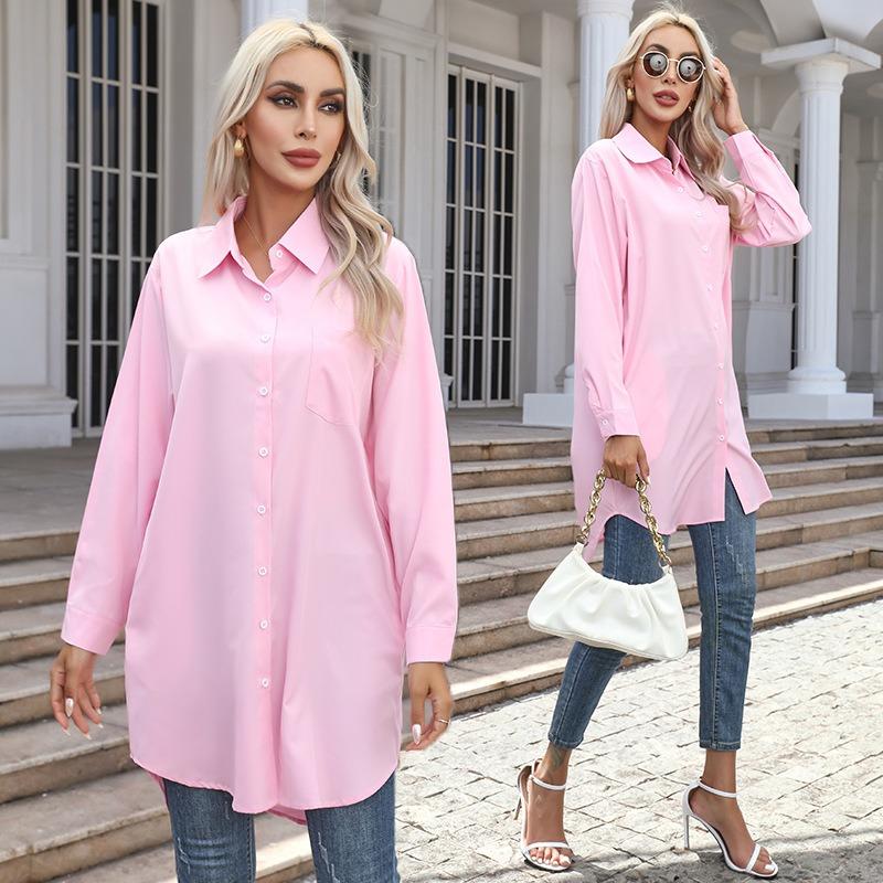 Women Casual Loose Long Length Solid Color Long Sleeve Shirt