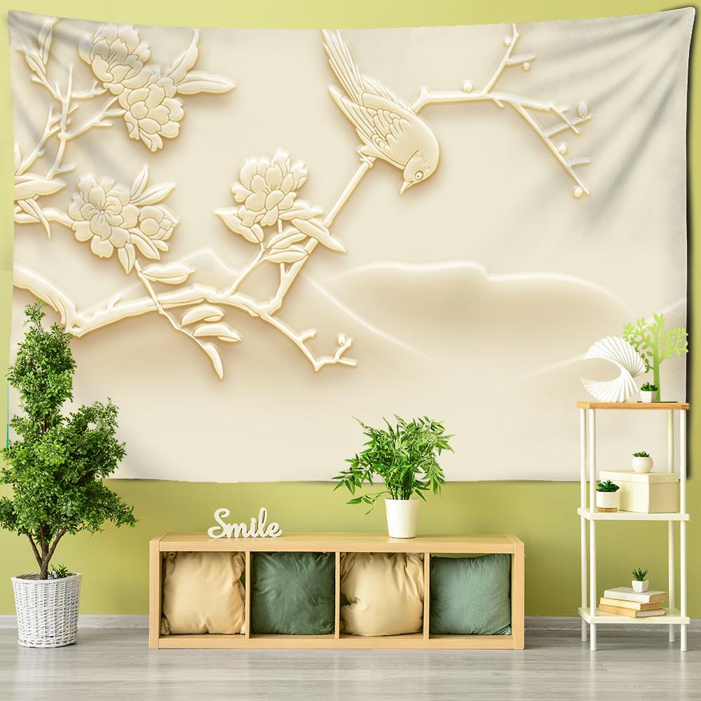 Jade Flower Bird Sculpture Tapestry Ancient Art Style Home Decor TV Background Wall Polyester Boho Decor Hippie Wall Hanging