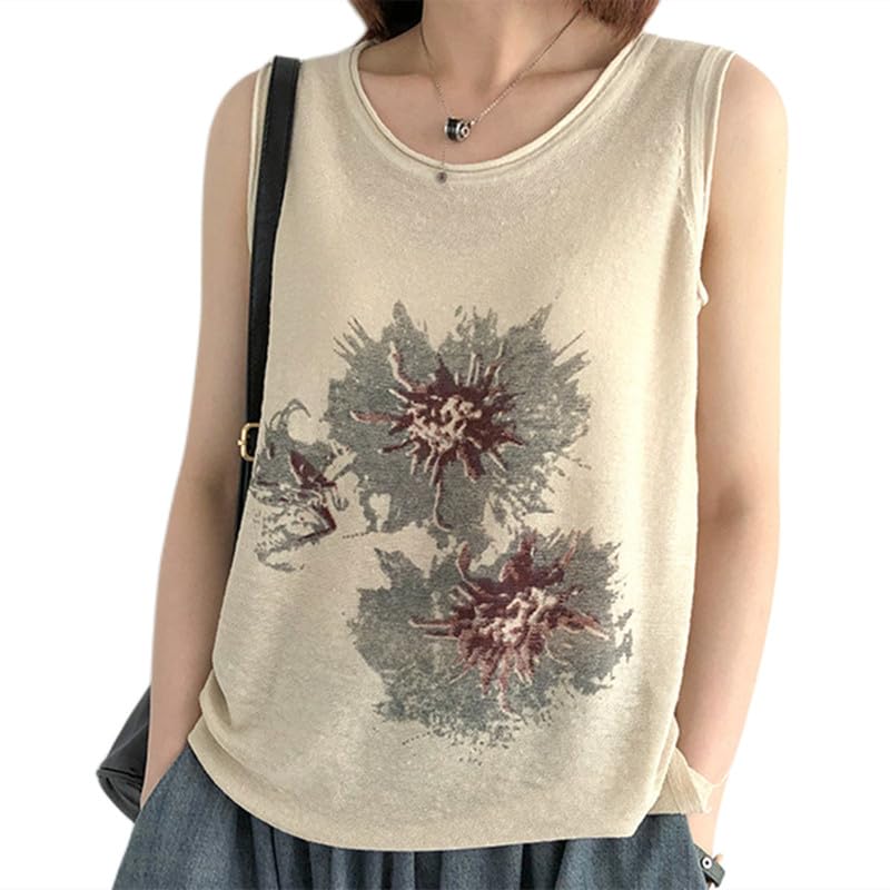 

SARADEMUNT Майка Большая Цветочная Лен и Освежающий Летний Женский Топ, Лето, Стильный, Быстросохнущий, Принт, Хлопок, Вязаный, 230428TBX-a-Бежевый