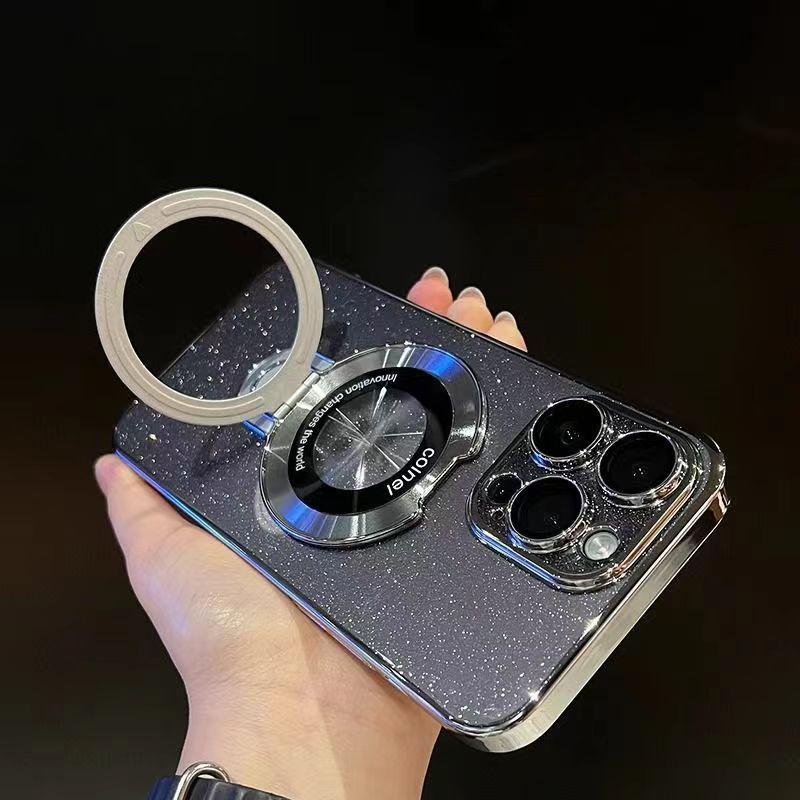 Metal Magnetic Bracket IPhone 16 Mobile Phone Case Suitable for Apple 15Pro Electroplated PC Flash Powder Protective Case Transparent