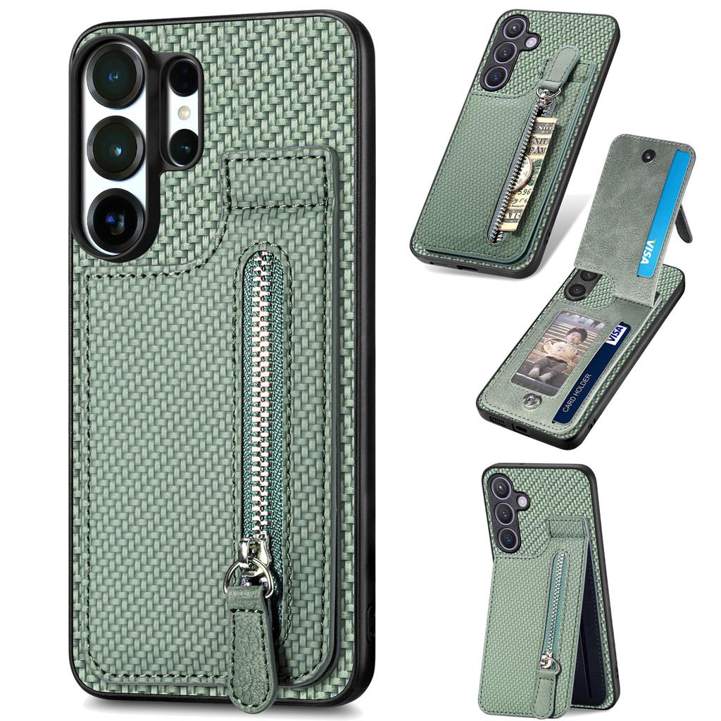 Zipper Magnetic Carbon Fibrer Cards Solt Wallet Phone Case For Samsung S25 Ultra S24 Plus S23 A17 A07 Kickstand Flip Cover