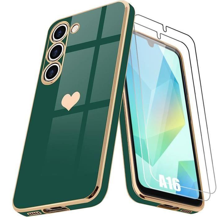 Coque - Booling - pour Samsung Galaxy A16 5G - Antichoc en Silicone - Vert Nuit - Motif Cœur - avec 2 Verres Trempés