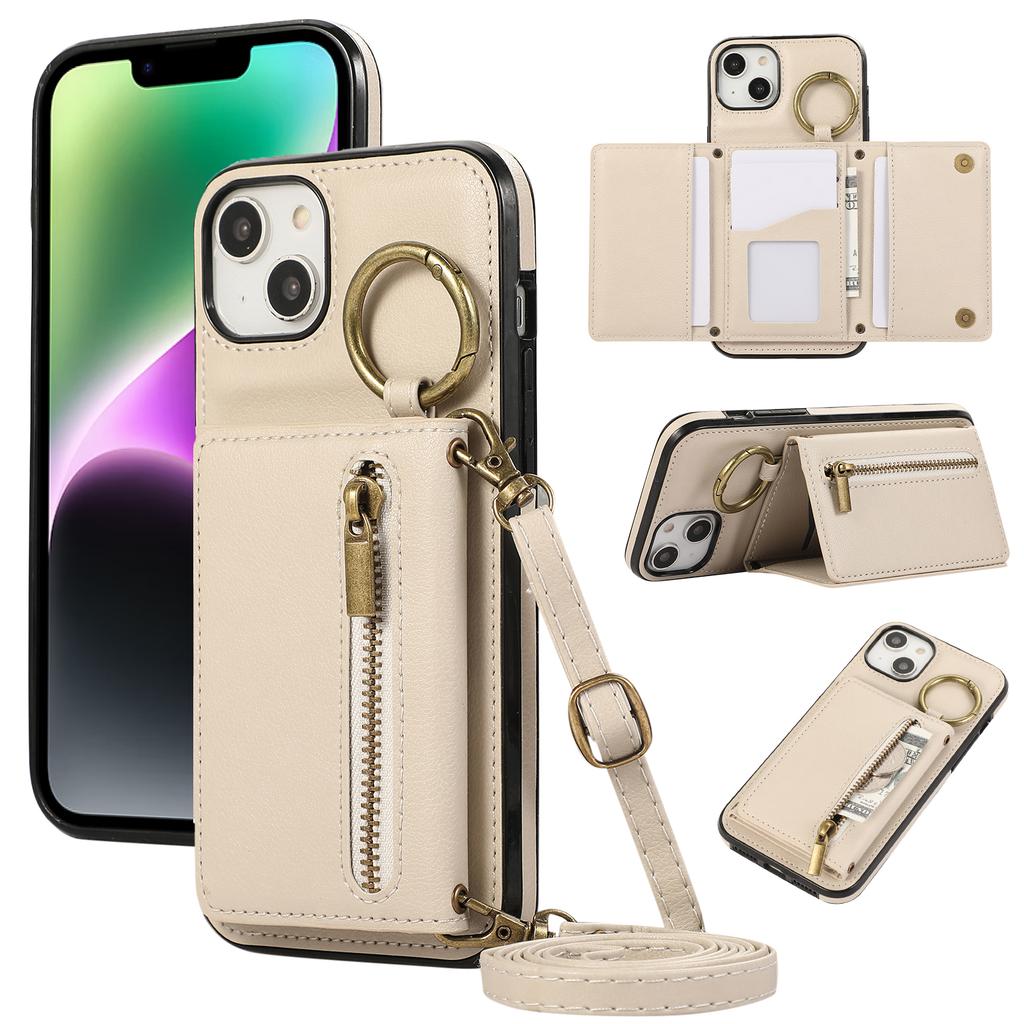 For iPhone 14/13 Leather Back Cover Zipper Wallet Kickstand Phone Case with Shoulder Strap