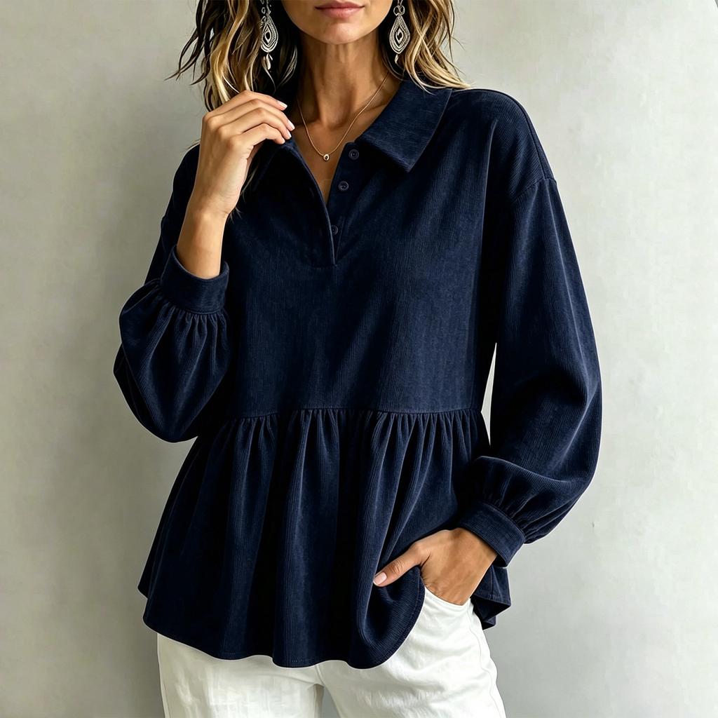 Women's Corduroy Babydoll Blouse with Sleeves and Waist Tie, Loose Fit Casual Shirt for Everyday Wear