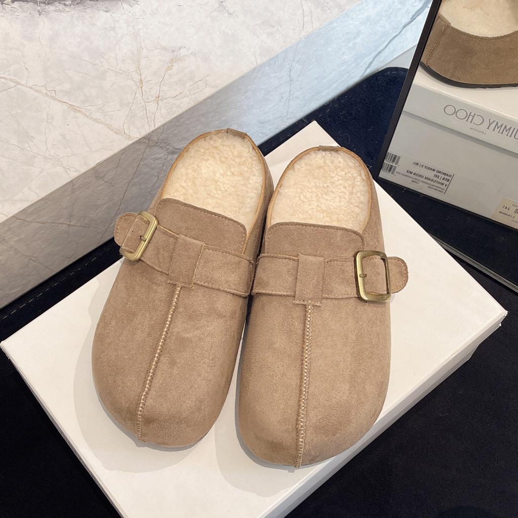 Fleece thick-soled inner heightening bag head half slippers women's new autumn and winter one-pedal Boken cotton shoes