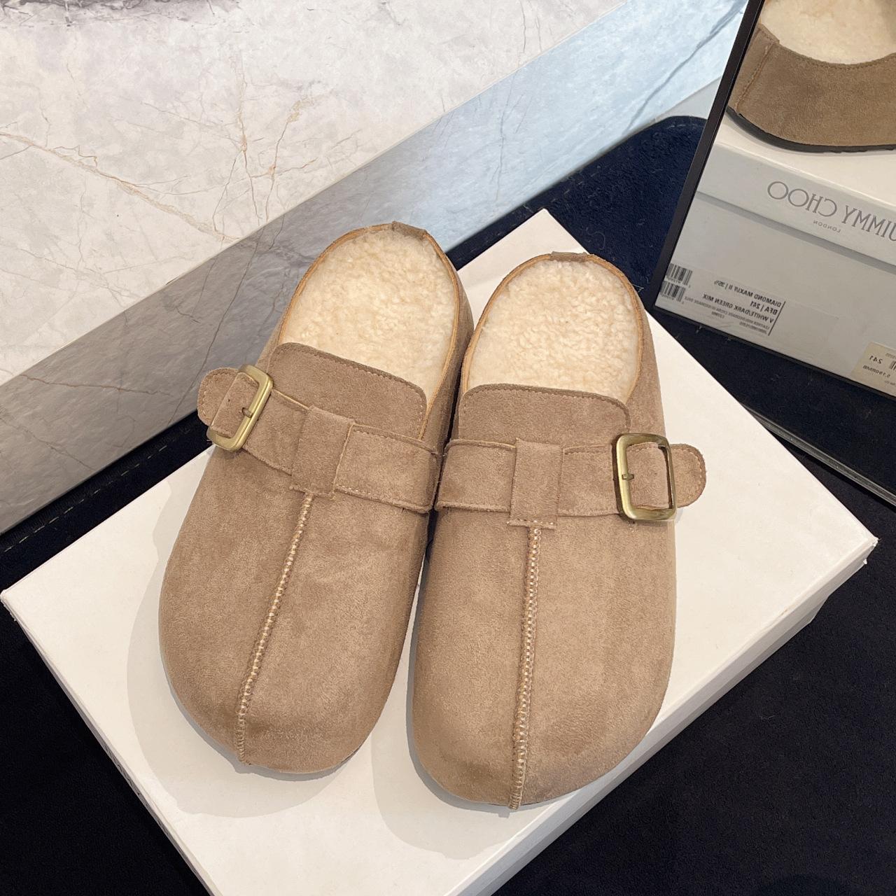 

Fleece thick-soled inner heightening bag head half slippers women s new autumn and winter one-pedal Boken cotton shoes 40 хаки