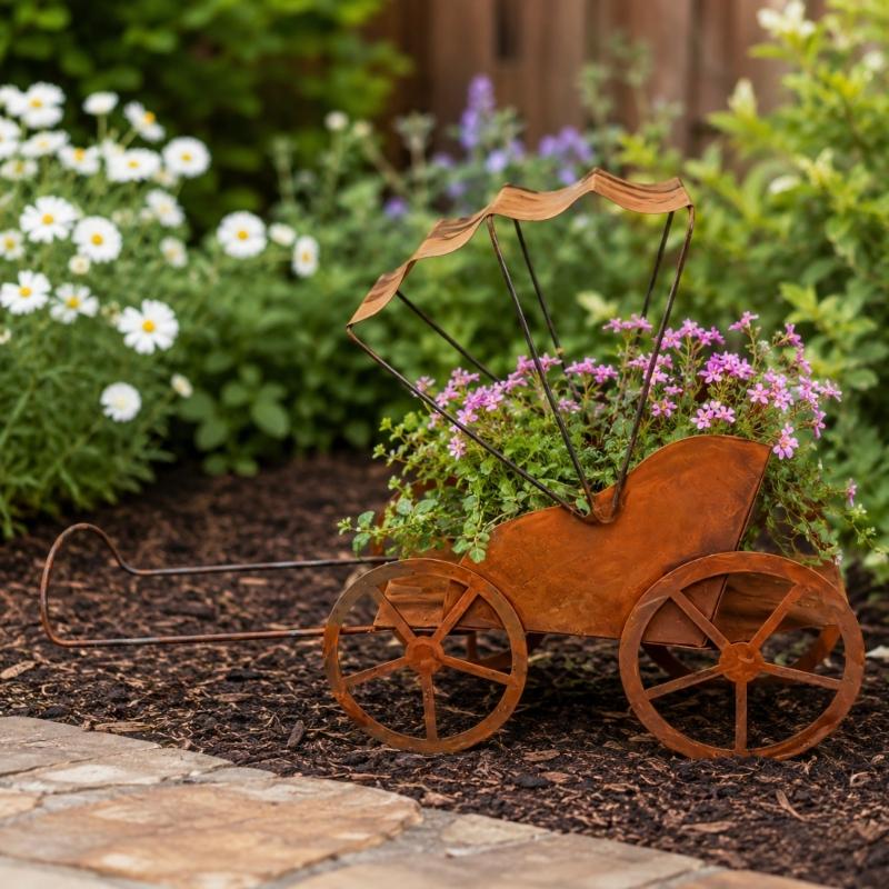 Metal Flower Pot Cart With Pull Handle and Wheel Frame, Aged Rickshaw Holder for Balcony Entry Corner, Porch and Home Garden Display