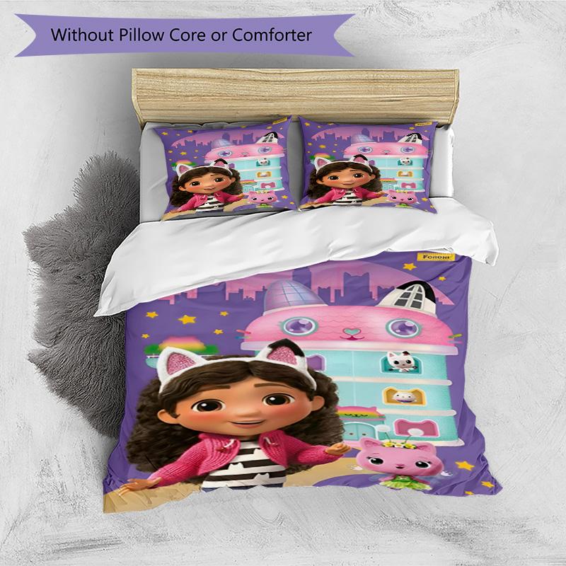 3-teiliges Bettbezug-Set (1 * Bettbezug + 2 * Kissenbezug, ohne Kern), Gabby's Puppenhaus Druck Bettwäsche-Set, Schlafzimmer-Dekoration, Ganzjahres, Geburtstagsgeschenk