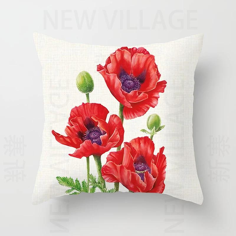 Nordic modern red flower linen pillowcase sofa cushion cover home decoration can be customized for you 40x40 50x50 60x60 45x45