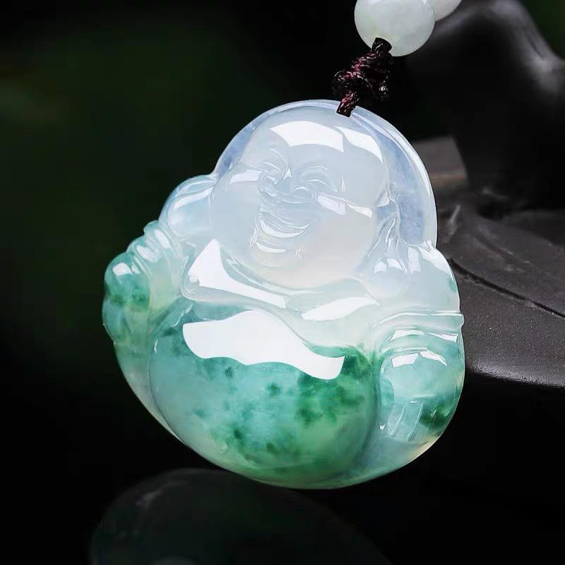 Maitreya Buddha Jadeite Jade Pendant Necklace with Green Flower Streaks - Ice Type