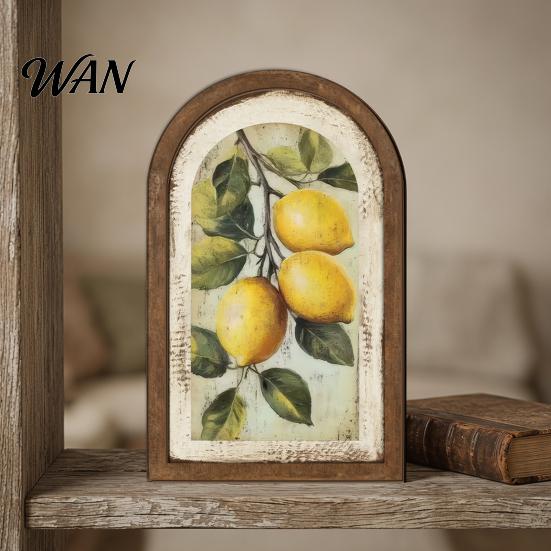 Rustic Lemon Flower Painting Vintage Framed Wall Art, Curved Wooden Floral Arched Wood Art French Country Style Paintings for Bedroom Kitchen