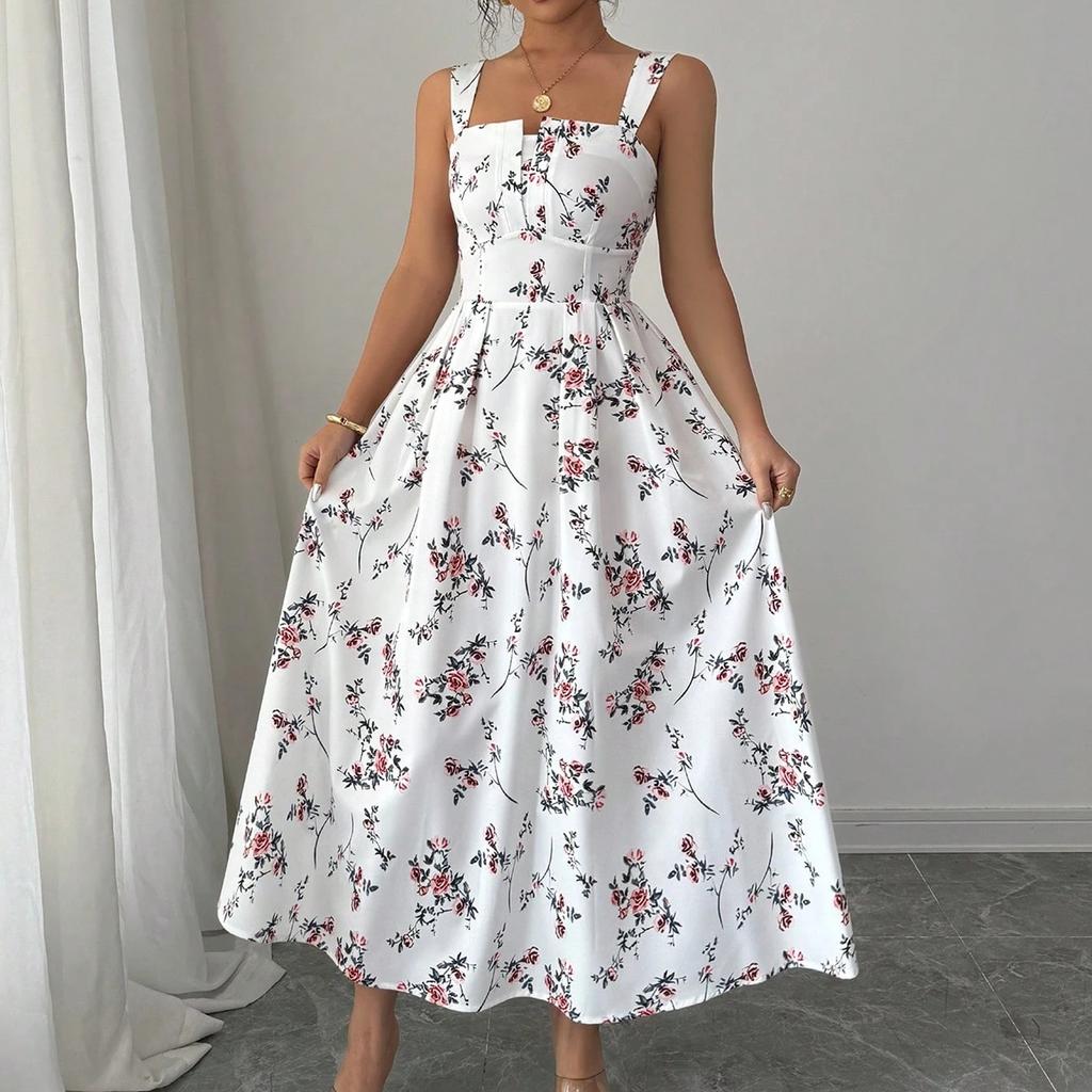 Women Sleeveless Square Neck Floral Print Maxi Dress Casual Loose Fit Long Sundress Lightweight Summer Wear