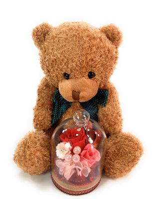 NICHIFLRO Preserved Flowers, Made In Japan, Flower and Bear Design, Birthday, Mother's Day, Gift, Cute Glass Dome (Color: Red, Bear of Your Choice)
