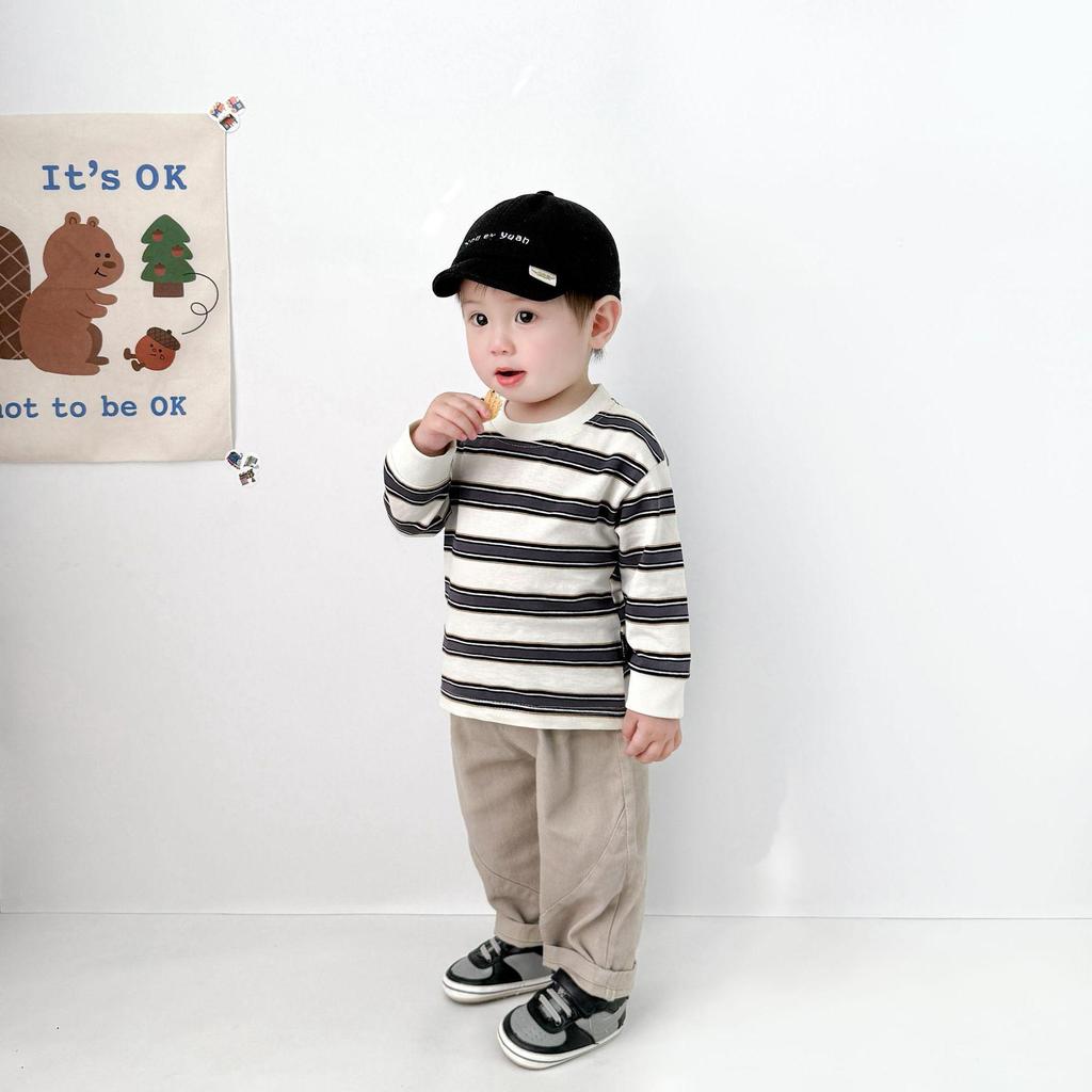 Koreansk randig långärmad baby-t-shirt för pojkar och flickor - Vår/Hösttopp