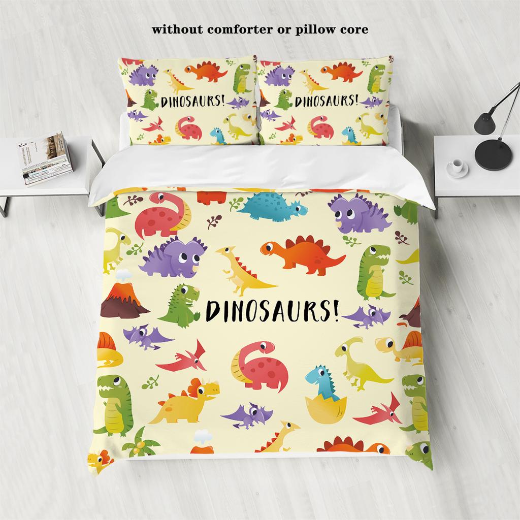 3-piece down duvet cover set with cartoon dinosaur pattern print (1 duvet cover+2 pillowcases, no core) soft bedding set