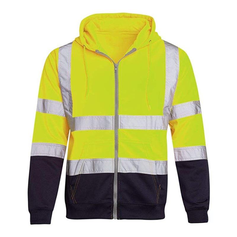 Fleece-lined Outdoor Sanitation Workwear Men's High Visibility Reflective Strip Zipper Color Blocking Hooded Sweatshirts