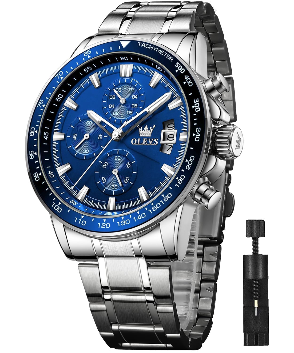 

Стильные кварцевые часы OLEVS из нержавеющей стали с люминесцентной индикацией даты, аналоговые, для студентов и офисных работников, мужские часы, многофункциональные, стальные, водонепроницаемые, синий