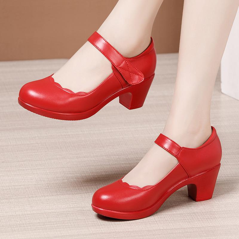 Classical Black Work Shoes Women Leather Single Shoes Women Spring Autumn Round Toe High Heels Comfortable Shoes Sde