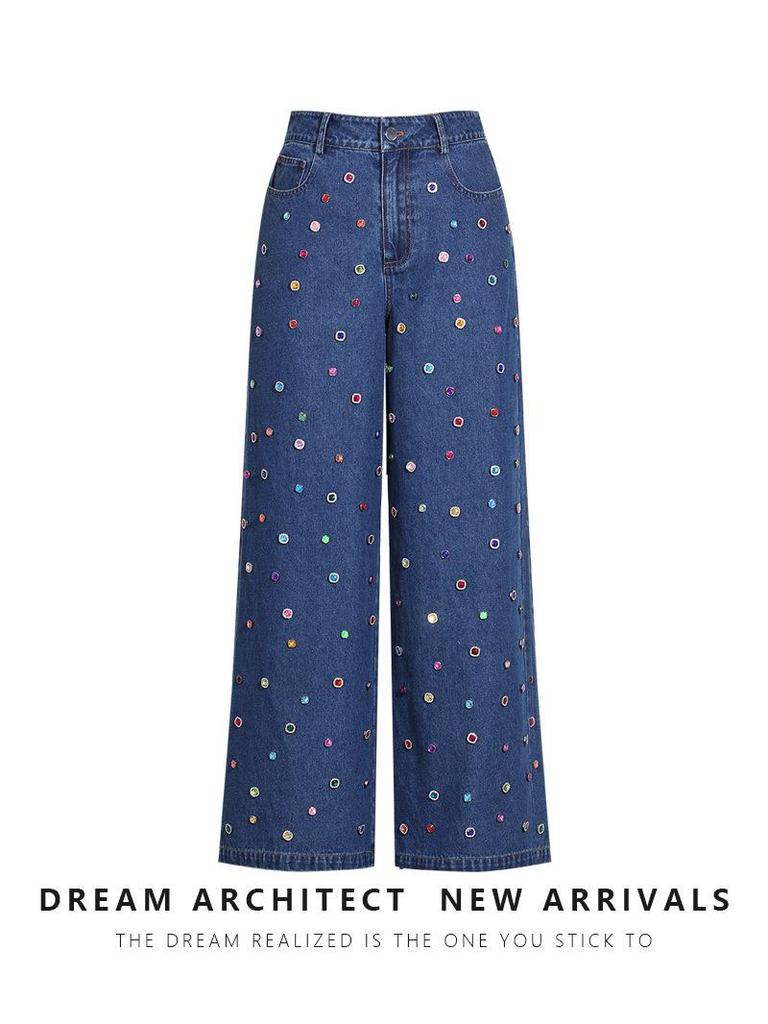 Women's Denim Ensemble: 2025 Beaded Jacket & Trousers Set - Versatile, Loose-Fit Long-Sleeve Cardigan.