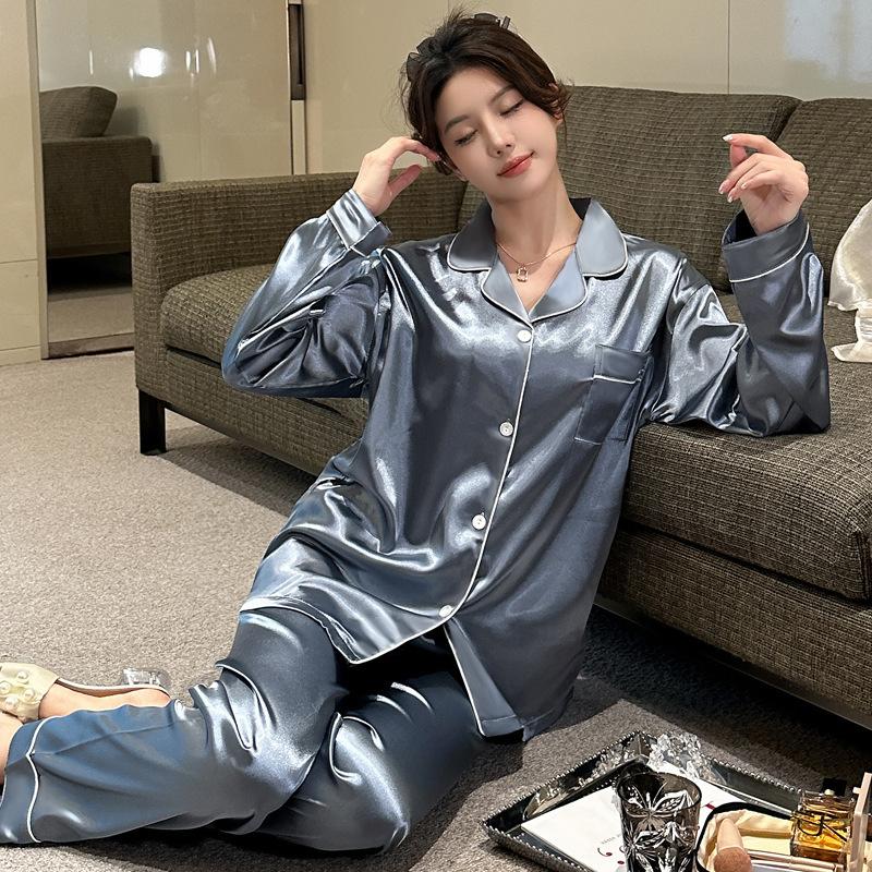 Spring And Summer Long-Sleeved Trousers Ice Silk Thin Simple Casual Women'S Home Cardigan Pajama Set