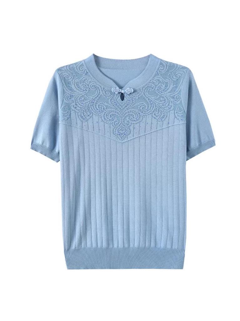 2026 Spring/Summer Fashionable Embroidered Knit Top for Mothers: New Chinese Style Short-Sleeved Top for Middle-Aged and Elderly Women