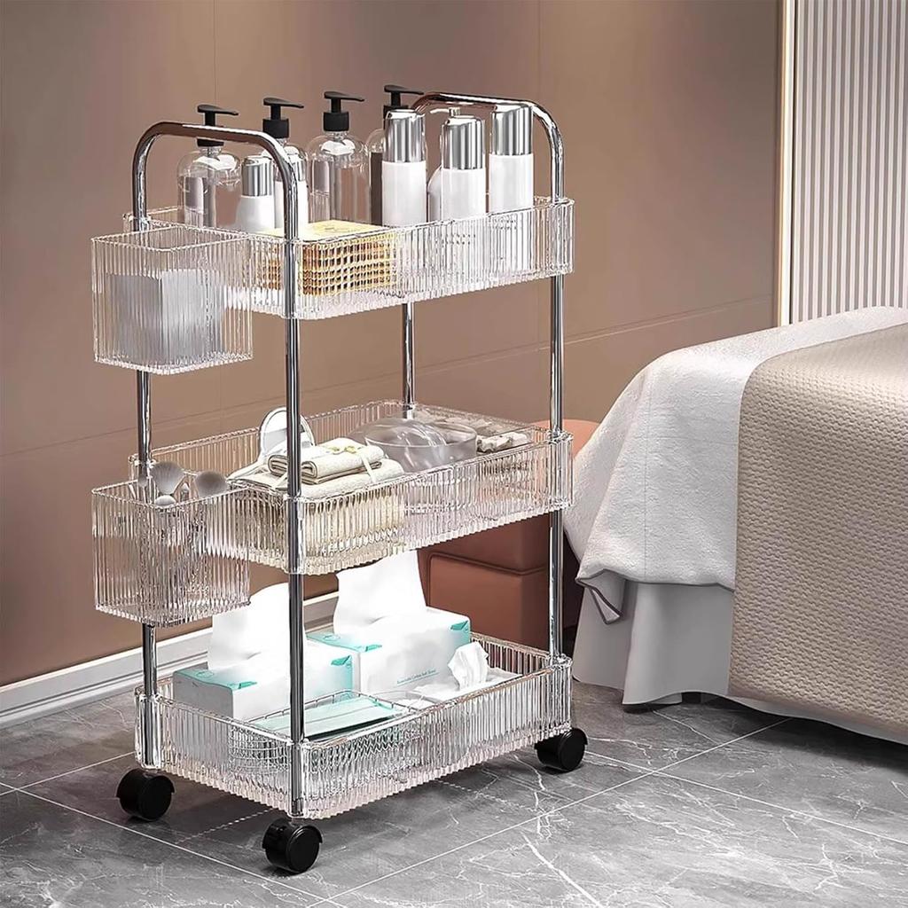 Acrylic Rolling Utility Cart, Clear Storage Carts with Wheels,Mobile Trolley Cart with Handle and 2 Hanging Baskets,Multifunctional Storage Organizer