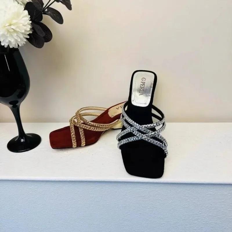 Luxury Rhinestone Women Shoes 2025 New Korean Fashion Women's Leopard Print Slippers Fashionable Outer Wear High Heel Slippers