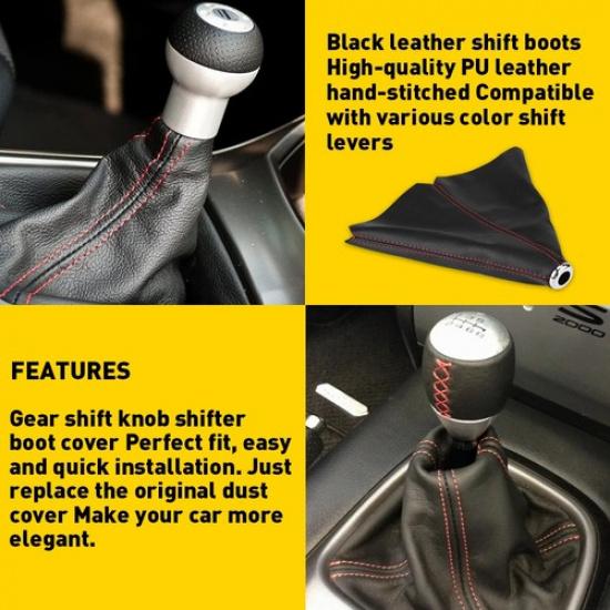 NEW Black PVC Leather/Red Stitch Manual/Auto Gear Shift Knob Shifter Cover Boot