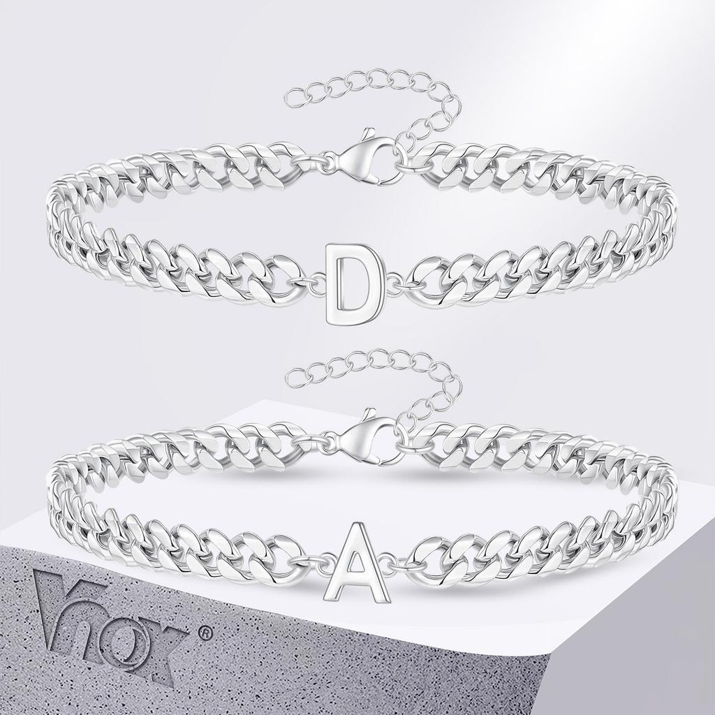 Vnox A-Z Iniziale Braccialetti a Catena Cubana per Uomo Donna, Acciaio Inossidabile Colore Argento Maglie Ovali, Braccialetto con Ciondolo Lettera Nome Regalo