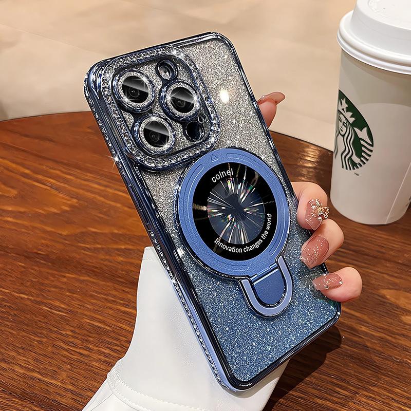 Applicable To Apple 16ProMax Plating Glitter Powder Luxury Rhinestone High-end Mobile Phone Case Iphone15 Magnetic Bracket