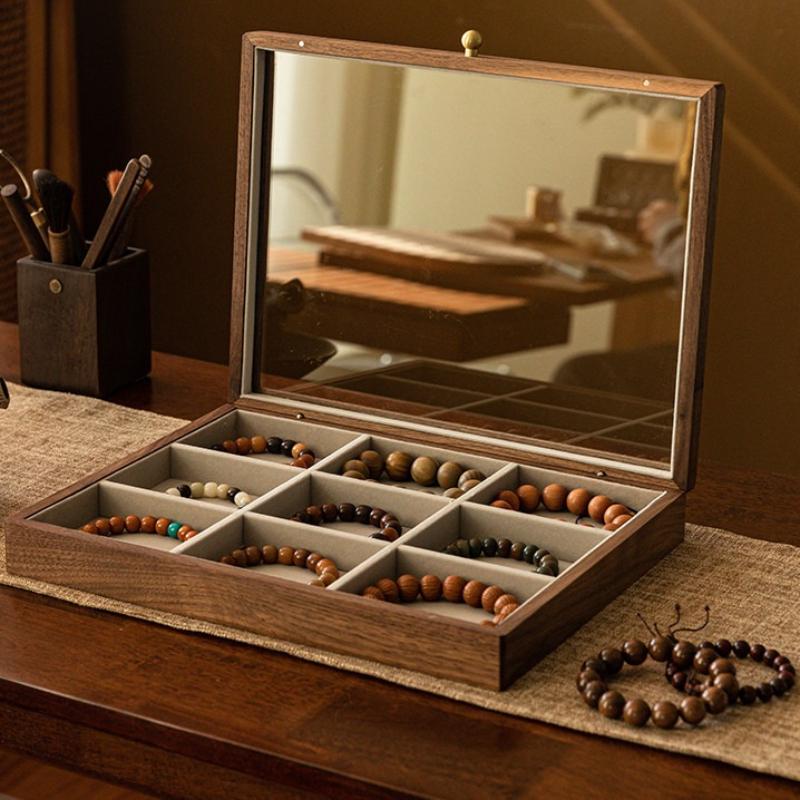 Multi-Compartment Wooden Storage Box with Lid for Collector's Bracelets, Large Capacity Clear Top Curio Organizer