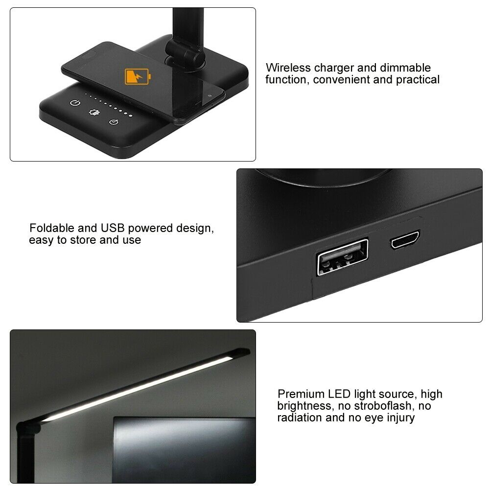 Black Dimmable LED Table Desk Lamp Foldable Wireless Charge Eye Protection Lights Phone Charge Home Reading Light
