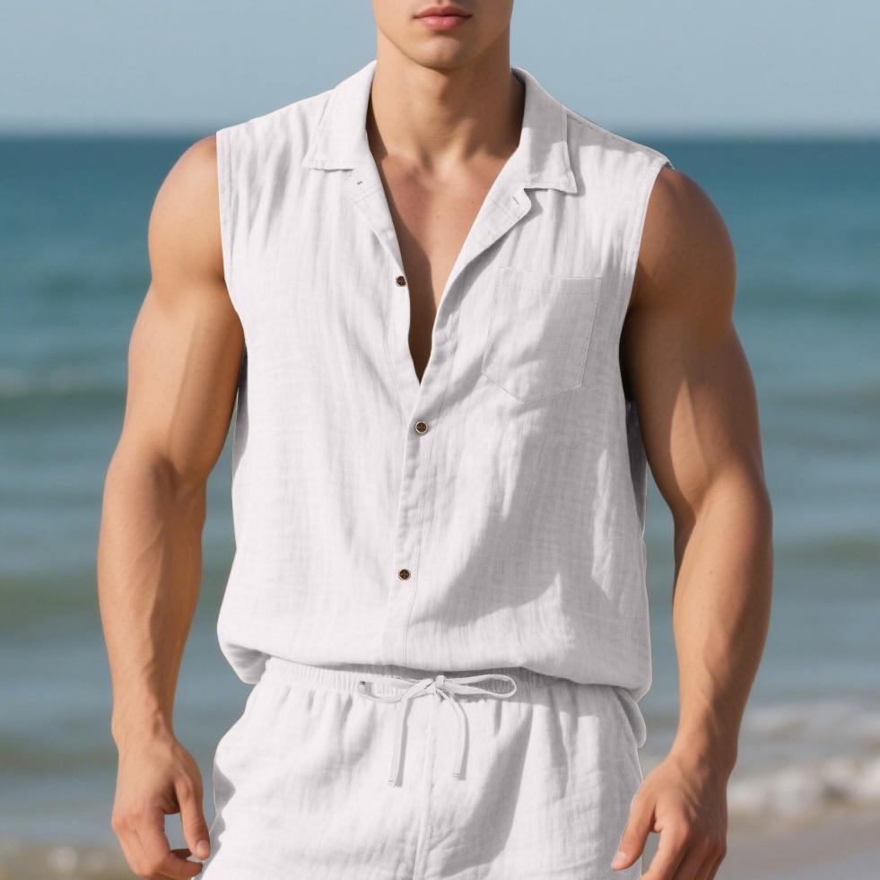 Fashionable Lapel Sleeveless Cardigan Linen Loose Simple Beach Men’s Casual Shirts