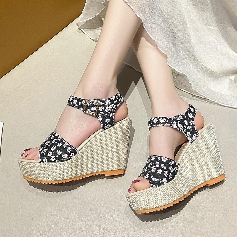 Large Size Fish Mouth Sandals Women's Spring and Summer New Slope Heel Thick Sole One-word Buckle Women's Sandals