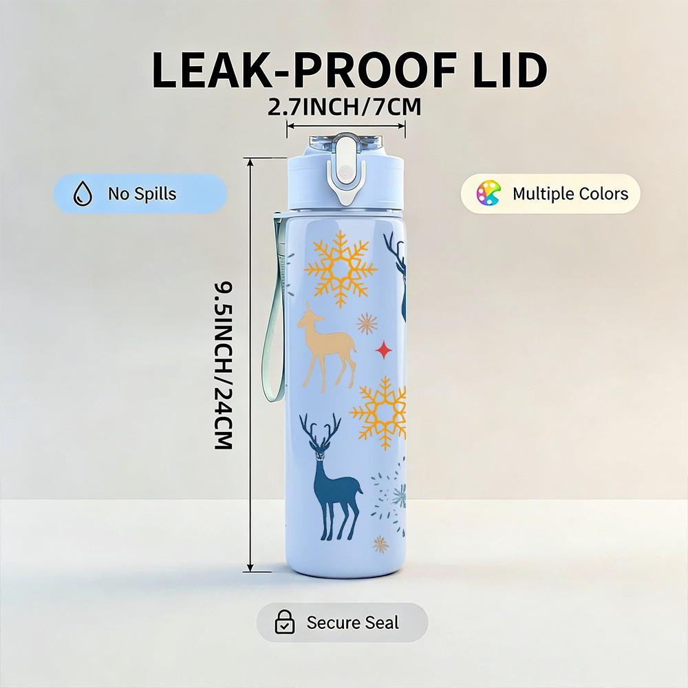 1PC Winter Deer Snow Forest Folk Print 750ml Color Plastic Sports Water Bottle Leakproof Flip Straw Lid Suitable for Sports Office Home Use