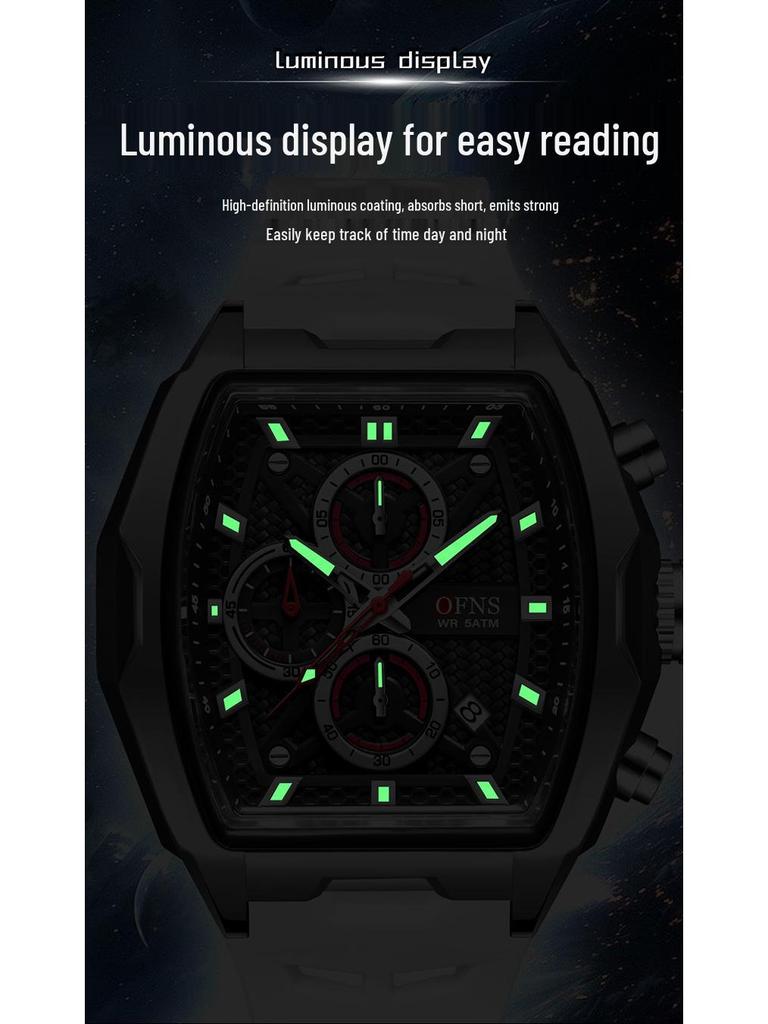 Oufanni Sportive Quartz Chronograph: Stylish Tonneau Men's Watch for Students with Multifunctional Design
