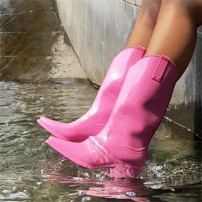 Dámské Holínky do deště Vysoké Kovbojské Gumové Holínky Elastické Pevné Nepromokavé Cowgirl Růžové Kozačky Dámské Masivní Boty na středním podpatku