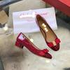 Patent leather leather single shoes bow flat bottom round head shallow mouth new red wedding shoes versatile thick heel medium heel women's shoes